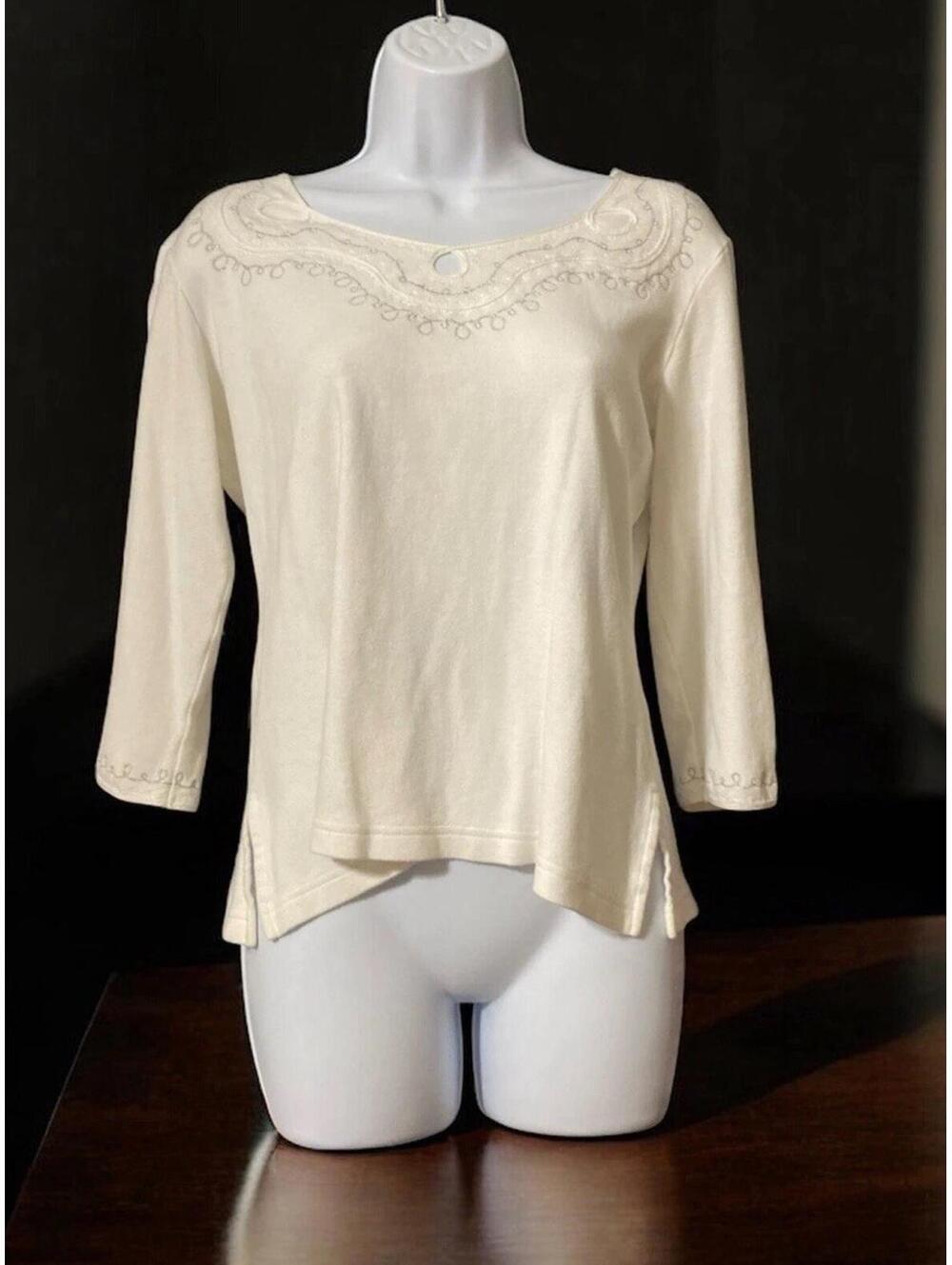 Women Classic Elements White Long Sleeve Pullover Cotton Top Sz S